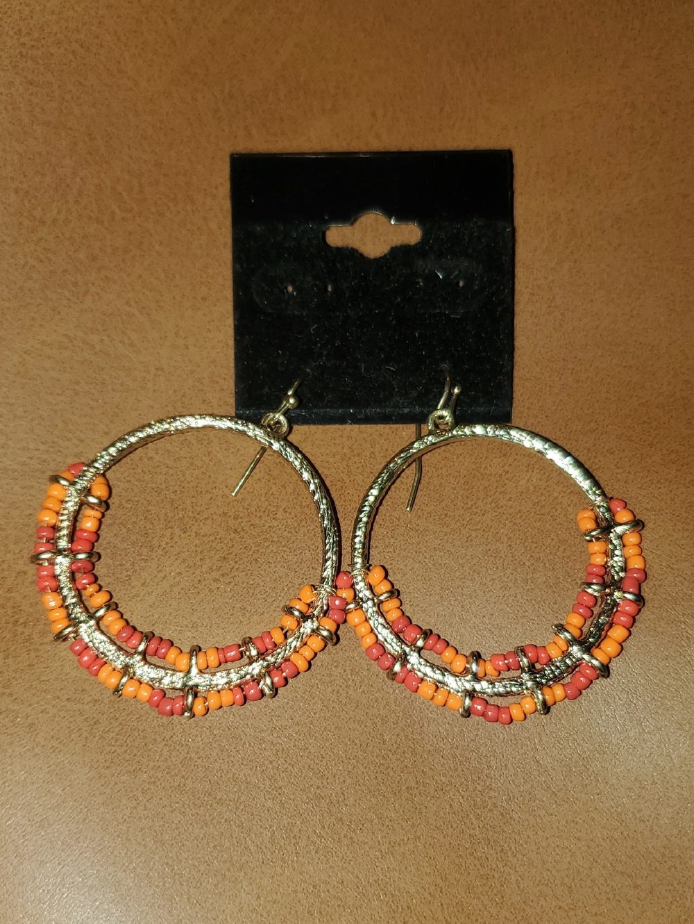 Gold Hoop Earrings with Orange and Coral Seed Beads